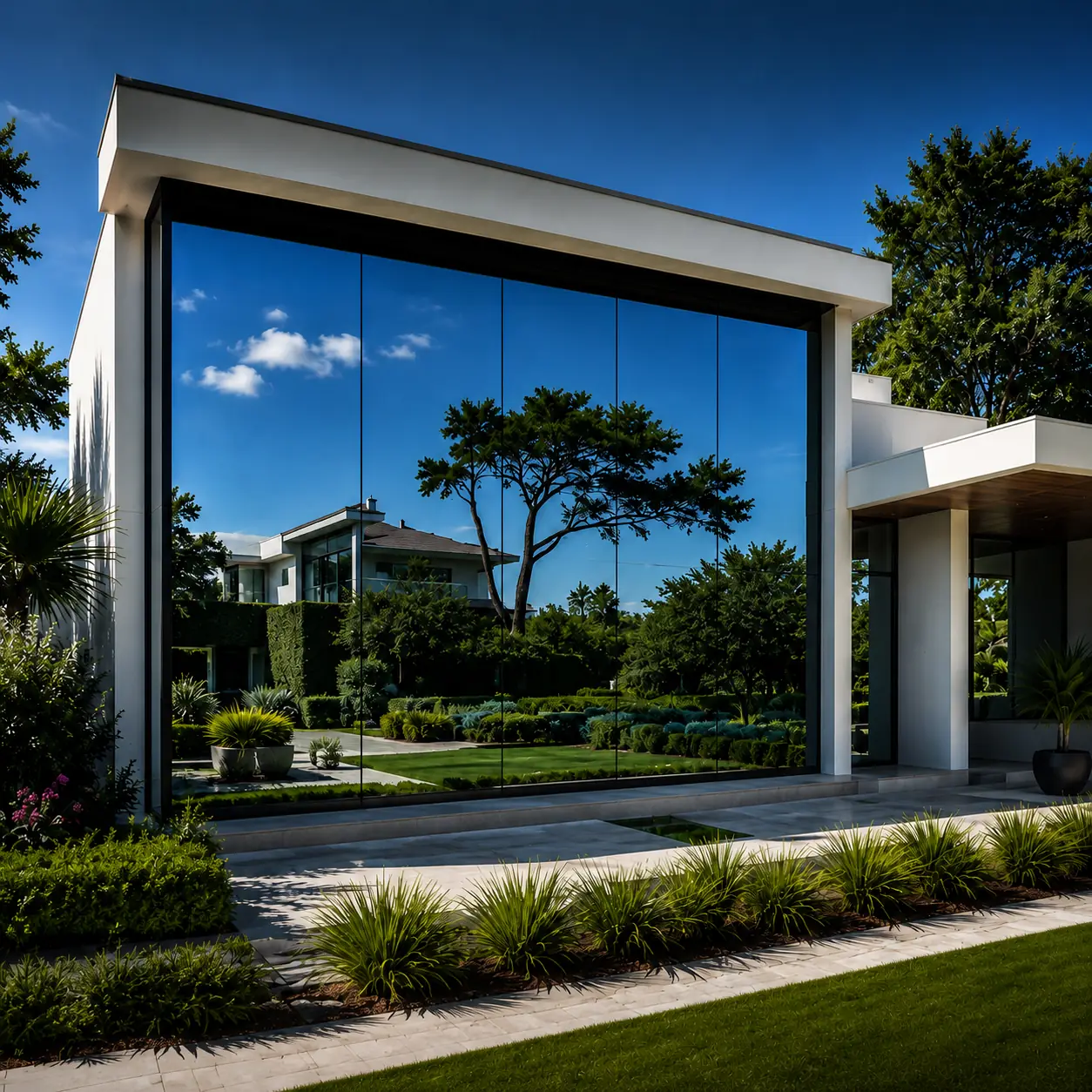 Salon lumineux avec film de protection solaire posé sur les vitrages, villa à Hyères