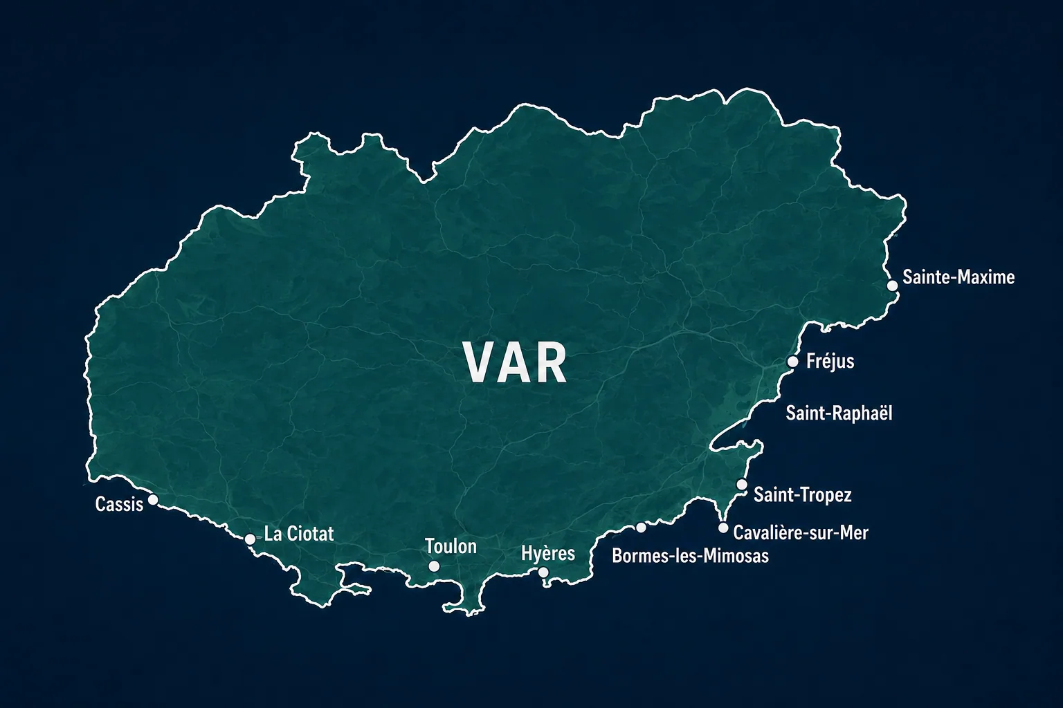 Carte de la zone d'intervention de PrivTeint dans le Var : Cassis, La Ciotat, Toulon, Hyères, Bormes-les-Mimosas, Cavalière-sur-Mer, Saint-Tropez, Saint-Raphaël, Fréjus, Sainte-Maxime