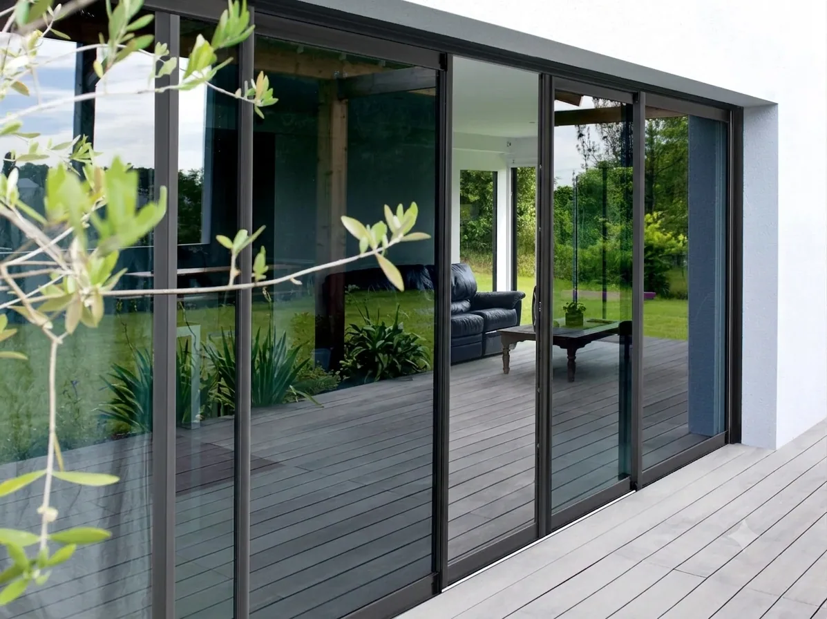 La même baie avec film solaire teinté : reflet du jardin, intérieur protégé des regards et de la chaleur