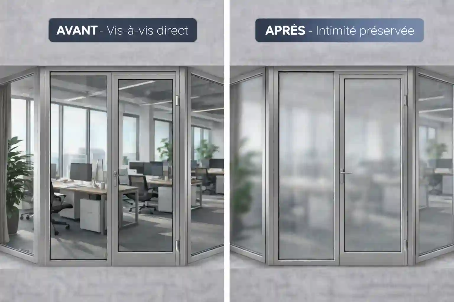 Avant/après : cloison vitrée transparente puis film dépoli PrivTeint — confidentialité préservée tout en gardant la lumière, pose dans le Var