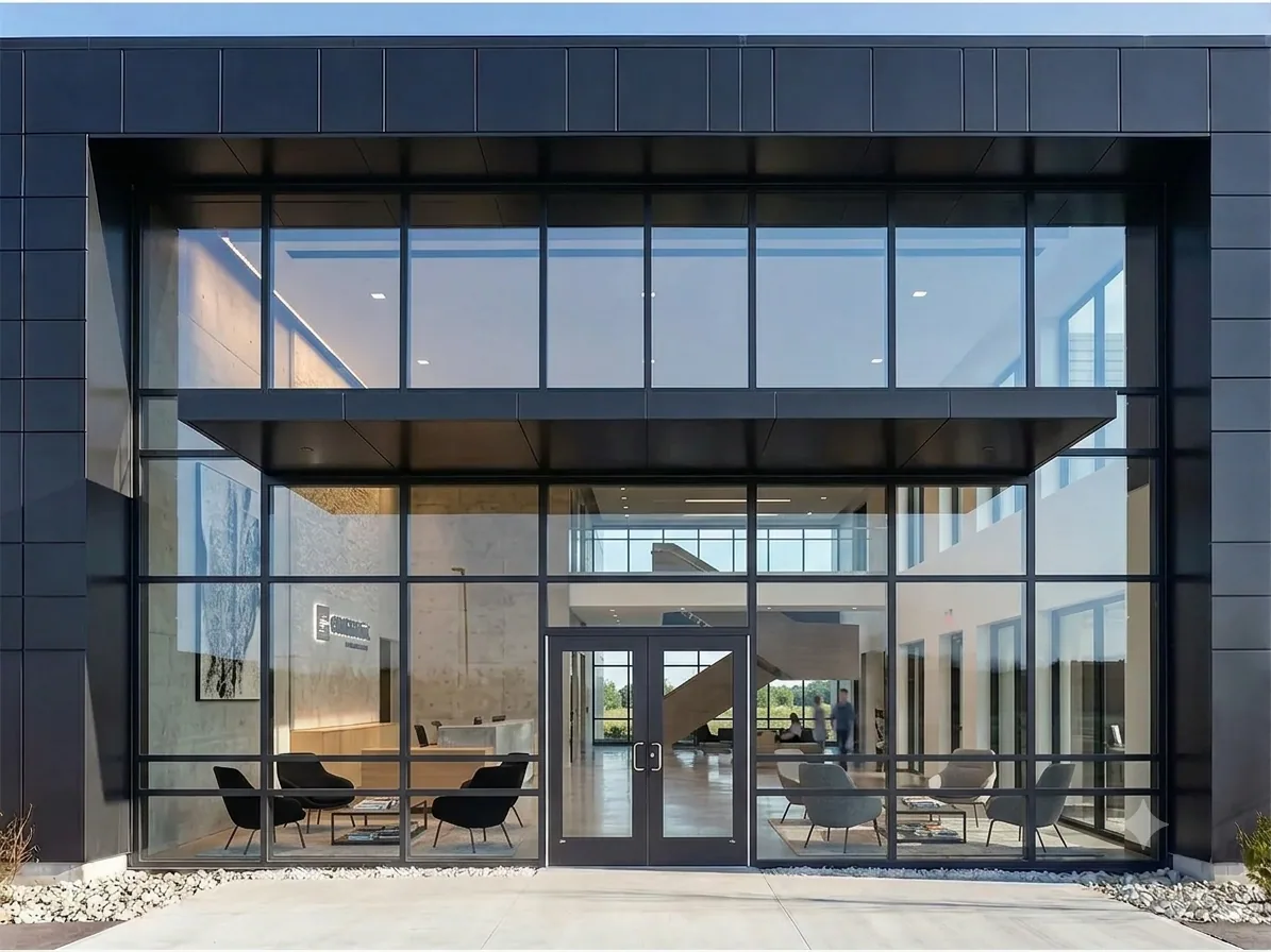 Avant : façade vitrée sans film — l'intérieur du bâtiment est visible depuis l'extérieur