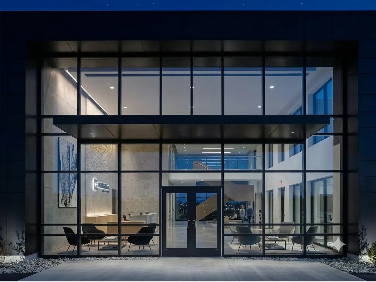 La même façade la nuit, lumières allumées : l'intérieur redevient visible depuis la rue