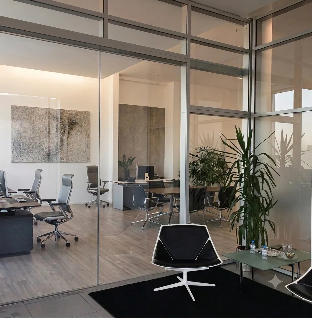 Avant : cloison vitrée de bureau transparente, l'open-space et la salle de réunion sont visibles