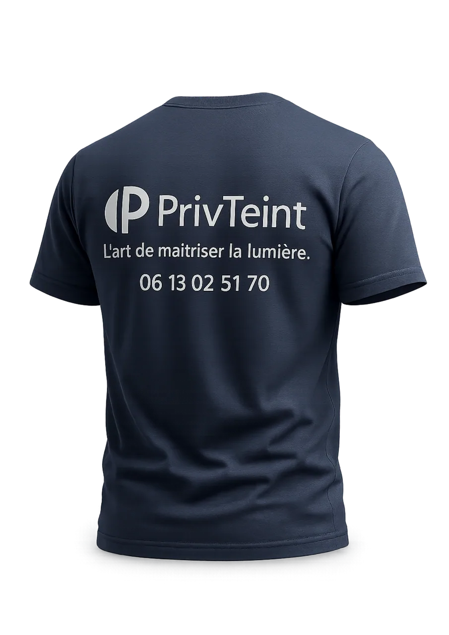 T-shirt de l'équipe PrivTeint aux couleurs de la marque, avec logo et coordonnées