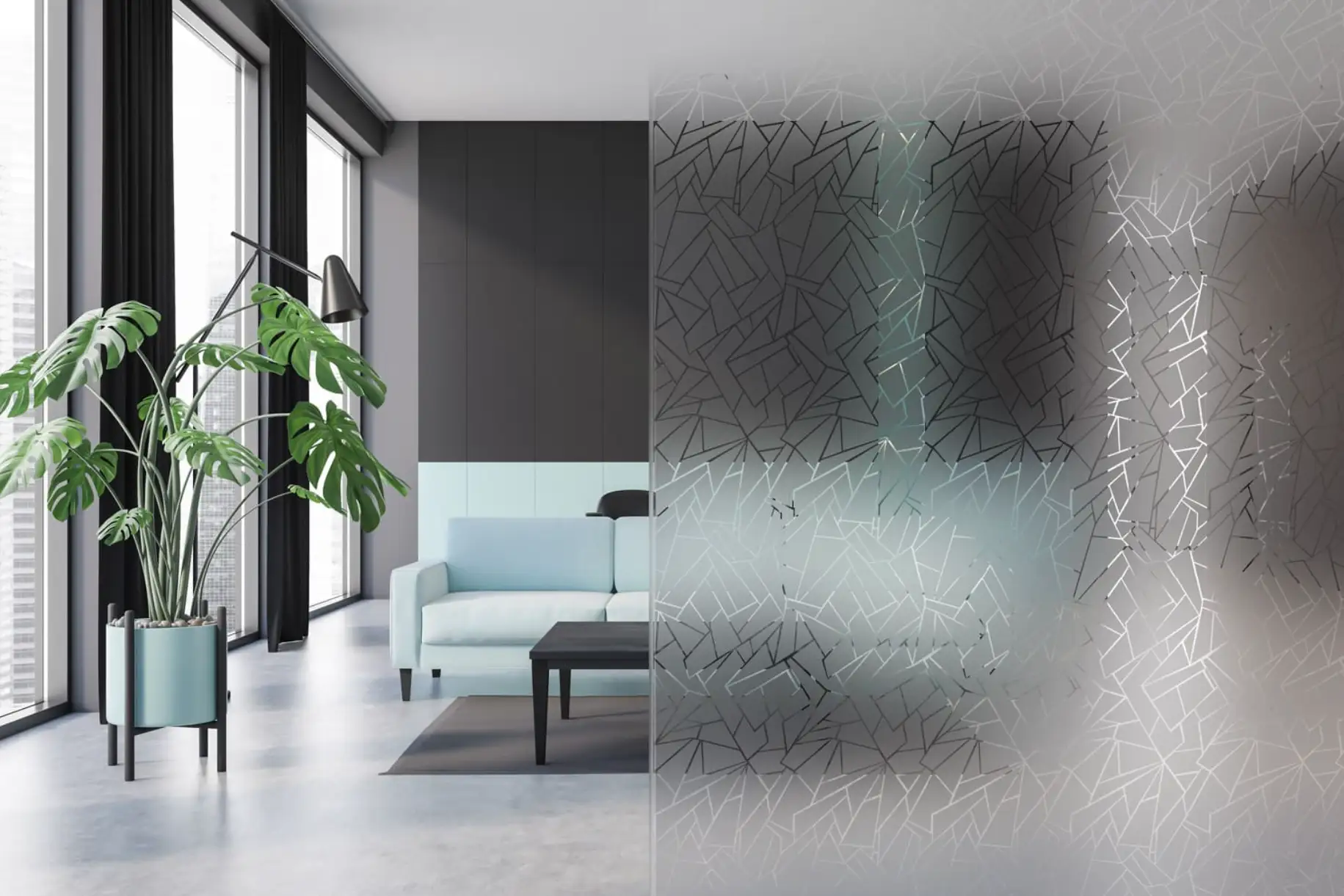 Film décoratif dépoli au design contemporain sur verre intérieur, réalisation PrivTeint